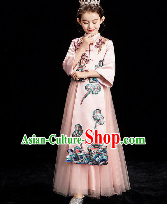 China Girl Catwalks Pink Formal Dress Stage Performance Clothing Children Classical Xiuhe Suits Compere Garment Costume
