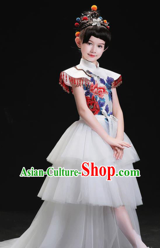 China Compere Garment Costumes Girl Catwalks Fashion Stage Performance Clothing Children White Veil Trailing Dress Uniforms