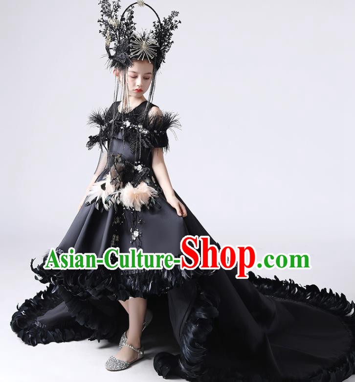 Custom Children Catwalks Trailing Full Dress Birthday Garment Compere Fashion Clothing Girl Stage Show Black Dress