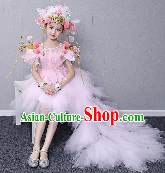 Custom Compere Feather Fashion Clothing Girl Stage Show Pink Veil Trailing Dress Catwalks Full Dress Children Birthday Garment