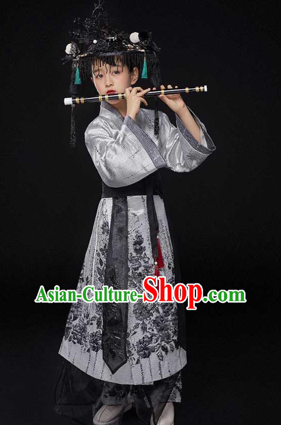 Top Chinese Boys Stage Show Tang Suits Kid Catwalks Grey Robe Uniforms Children Scholar Performance Apparels