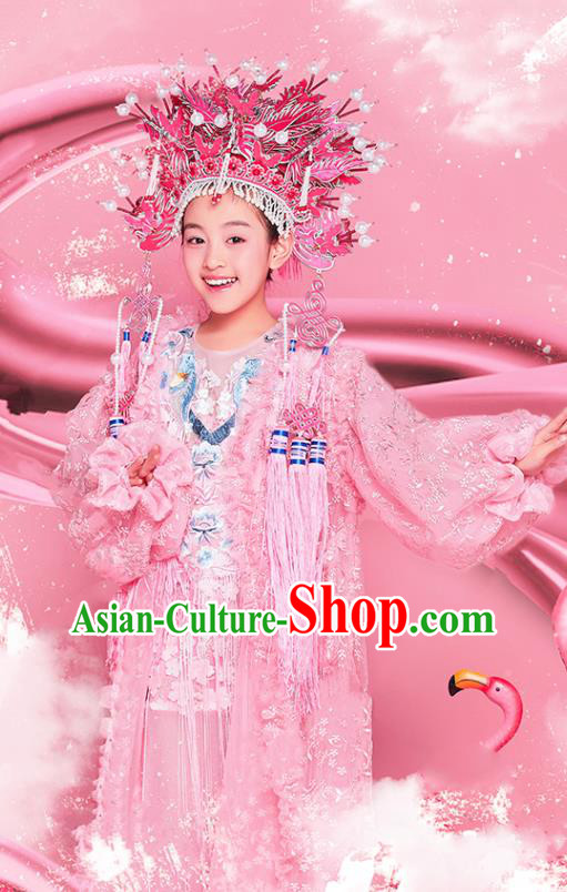 China Compere Garment Costumes Girl Catwalks Fashion Children Performance Clothing Classical Dance Pink Dress and Headdress