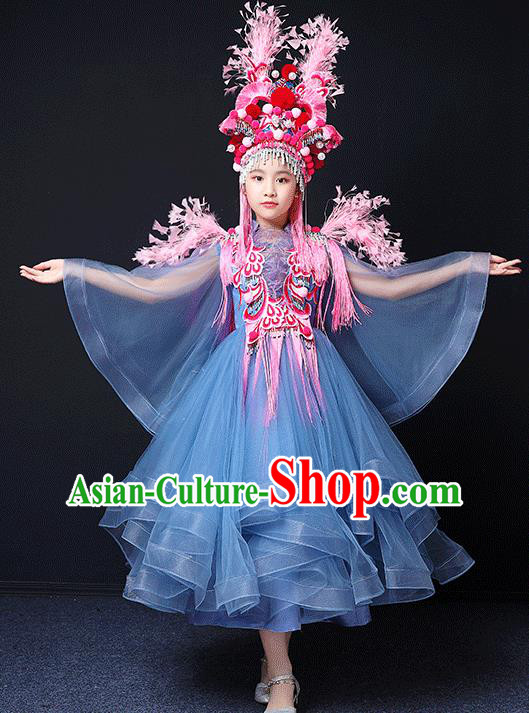Custom Children Birthday Performance Garment Compere Fashion Clothing Girl Stage Show Blue Dress Catwalks Princess Full Dress