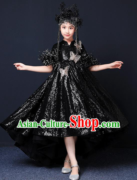 Custom Catwalks Princess Black Full Dress Children Birthday Performance Garment Compere Fashion Clothing Girl Stage Show Trailing Dress