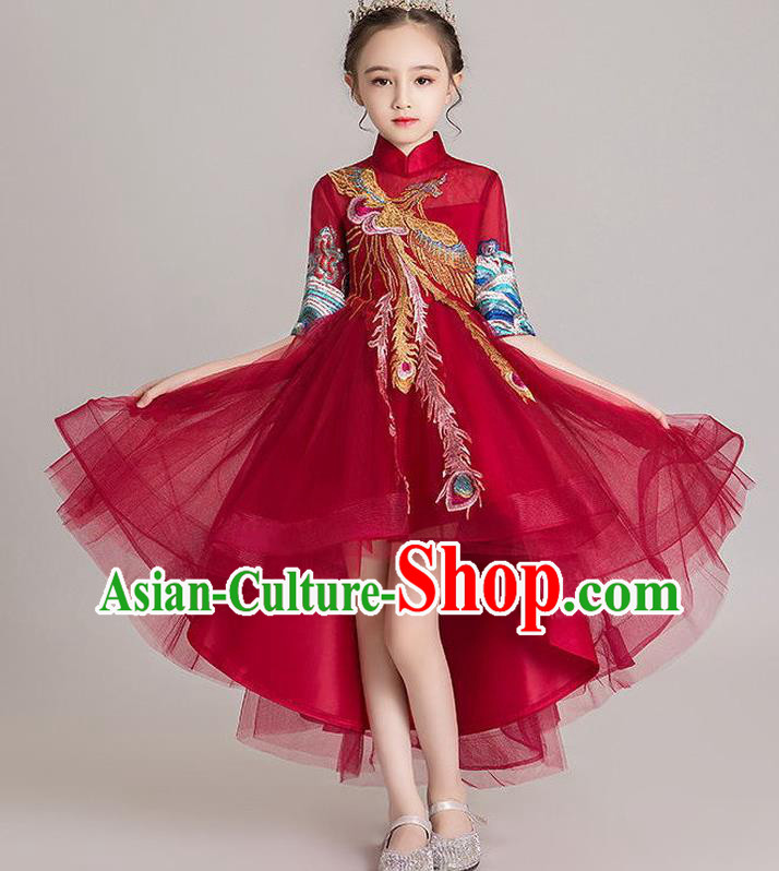 Custom Girl Compere Fashion Clothing Stage Show Embroidered Phoenix Dress Catwalks Princess Wine Red Full Dress Children Dancewear