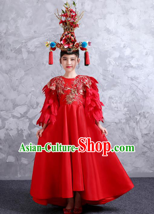 China Classical Dance Red Feather Dress Compere Garment Costumes Girl Catwalks Fashion Children Performance Clothing and Headdress
