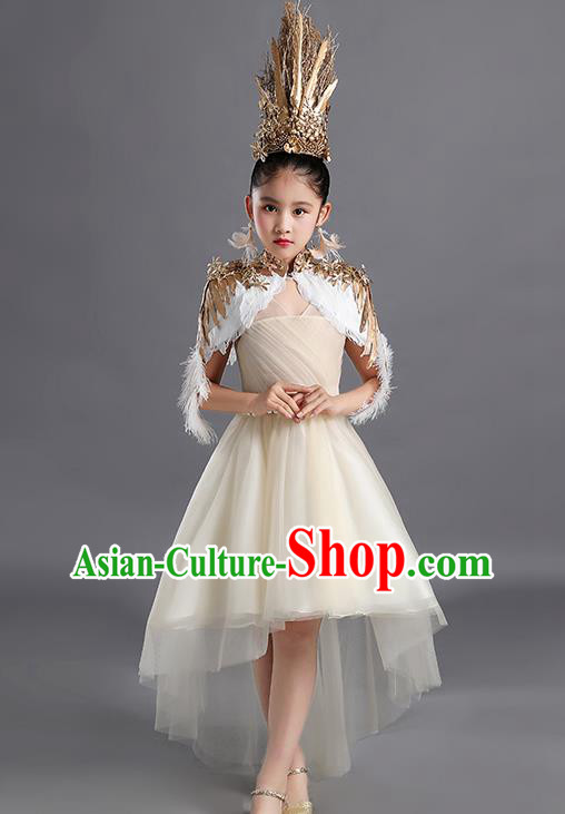 Custom Children Performance Fashion Garment Compere Competition Clothing Girl Stage Show Dress Catwalks Beige Veil Full Dress
