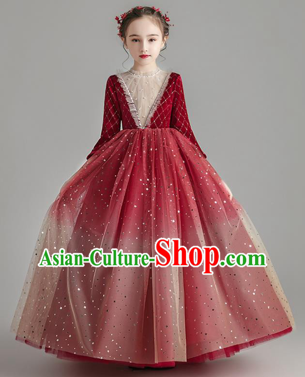 Custom Stage Show Wine Red Velvet Dress Catwalks Full Dress Children Birthday Garment Girl Compere Fashion Clothing