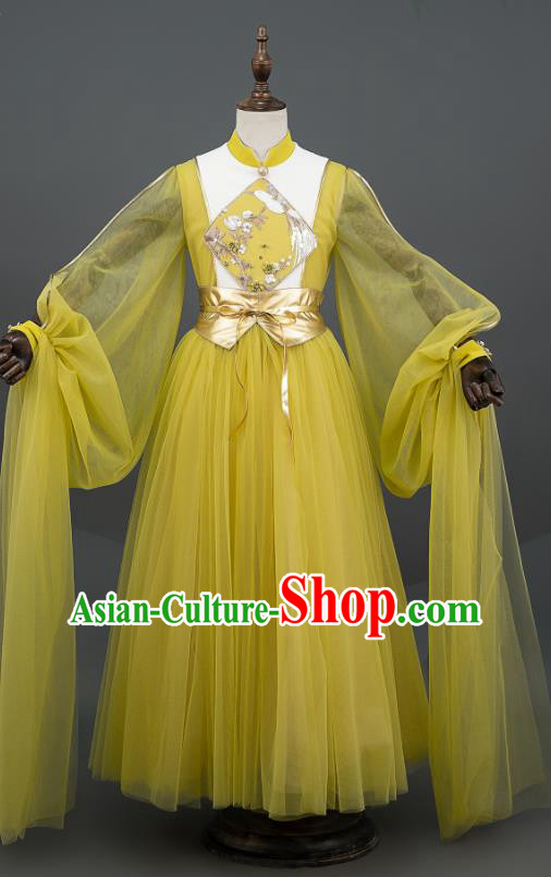 China Girl Chorus Garment Costumes Catwalks Fashion Children Stage Show Clothing Classical Dance Yellow Dress