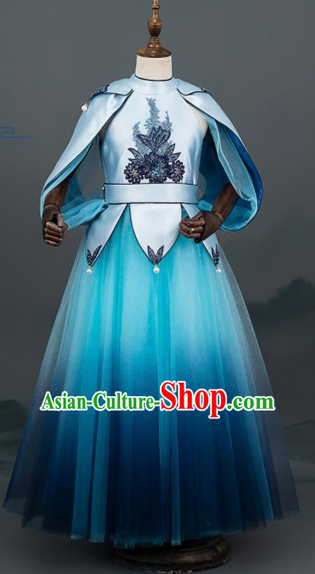 Custom Girl Catwalks Blue Full Dress Children Day Performance Fashion Garment Baby Compere Clothing Stage Show Dress