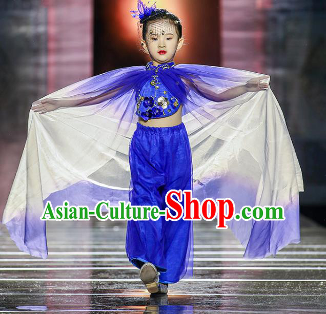 China Children Stage Show Clothing Folk Dance Blue Outfits Girl Performance Garments Catwalks Fashion Costume