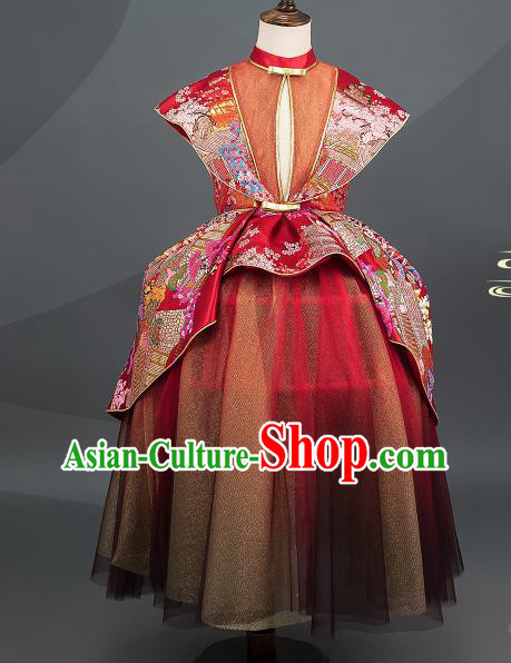 Custom Children Piano Performance Fashion Baroque Princess Clothing Stage Show Red Dress Girl Catwalks Full Dress