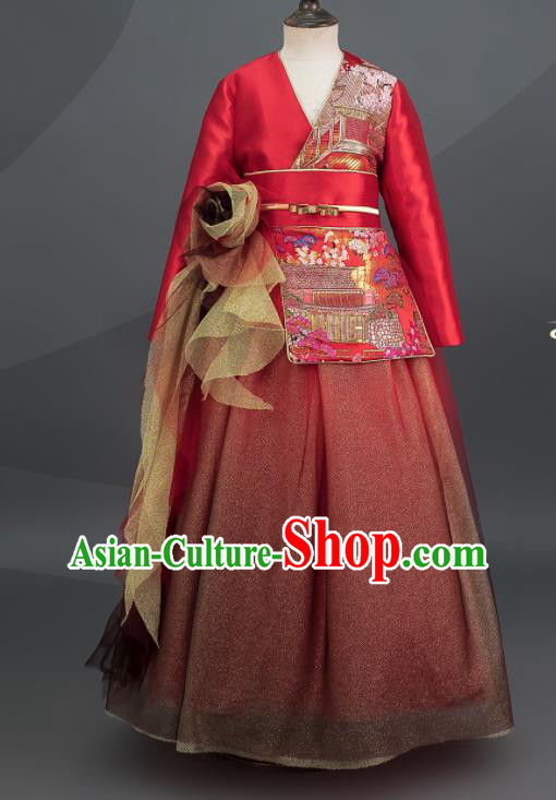 Custom Girl Catwalks Full Dress Children Piano Performance Fashion Baroque Princess Clothing Stage Show Red Dress
