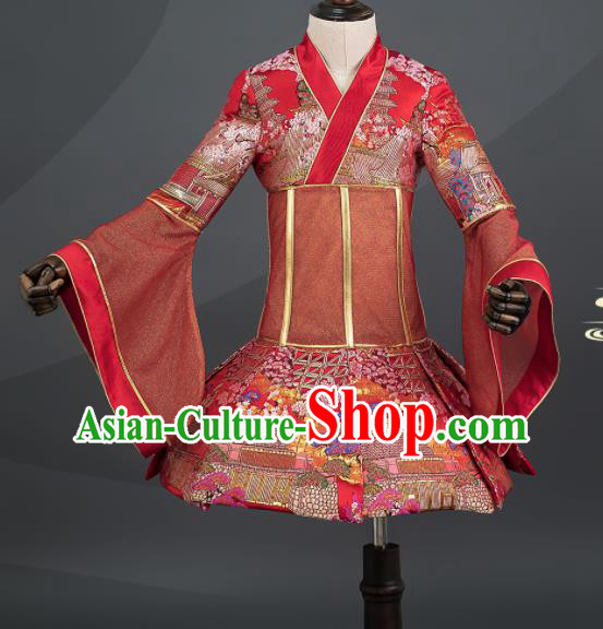 Custom Stage Show Red Brocade Short Dress Children Piano Performance Fashion Girl Catwalks Full Dress Baby Princess Clothing