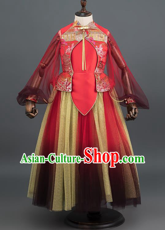 Custom Baby Princess Clothing Stage Show Red Bubble Dress Children Piano Performance Fashion Girl Catwalks Full Dress