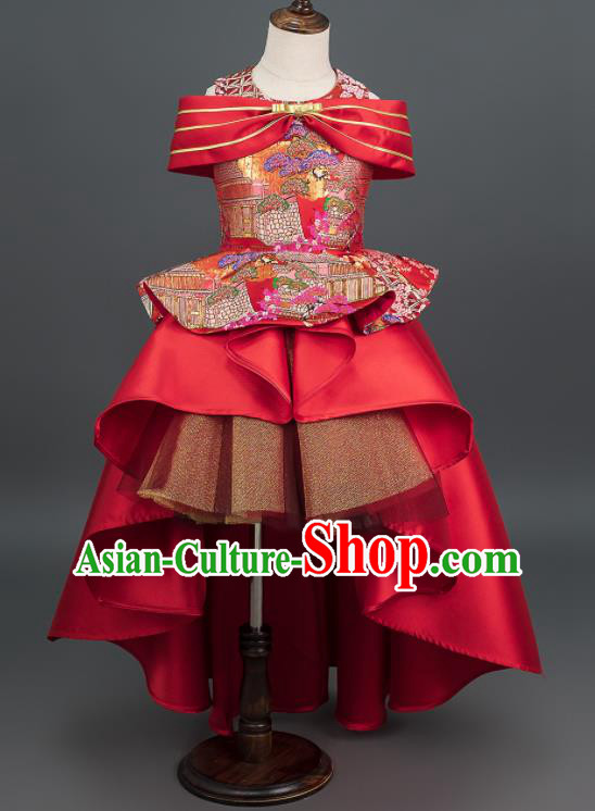 Custom Children Piano Performance Full Dress Baby Princess Clothing Stage Show Red Bubble Dress Girl Catwalks Fashion