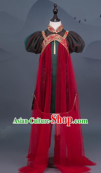 China Catwalks Fashion Costume Children Stage Show Clothing Classical Dance Dark Green Dress Girl Performance Garments