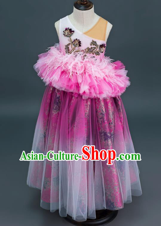 Custom Children Dance Full Dress Kid Birthday Clothing Flowers Fairy Purple Dress Girl Stage Catwalks Fashion