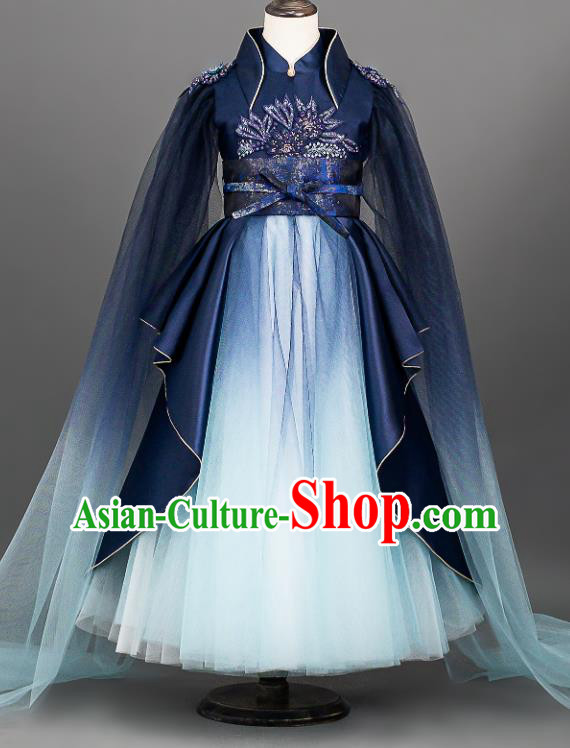 Custom Girl Piano Competition Fashion Princess Navy Full Dress Kid Performance Clothing Children Compere Dress