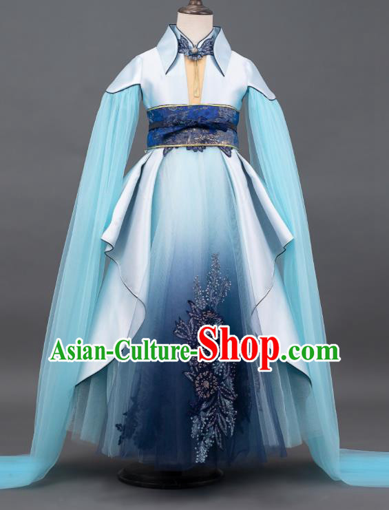 Custom Children Compere Blue Dress Girl Piano Competition Fashion Princess Full Dress Kid Performance Clothing