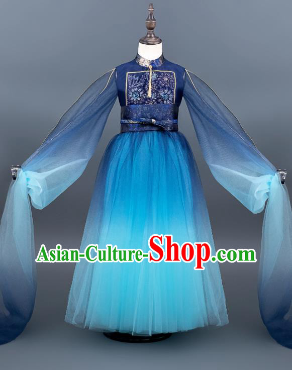 Custom Kid Performance Clothing Children Compere Deep Blue Dress Girl Piano Competition Fashion Princess Full Dress