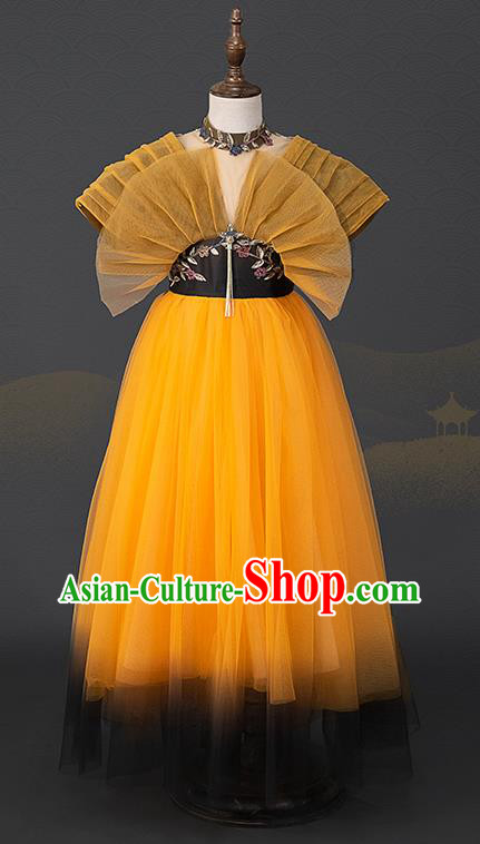 Custom Girl Piano Recital Fashion Princess Yellow Veil Full Dress Kid Performance Clothing Children Compere Bubble Dress