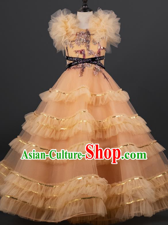 Custom Kid Compere Formal Clothing Children Piano Recital Ginger Veil Dress Girl Birthday Fashion Princess Full Dress