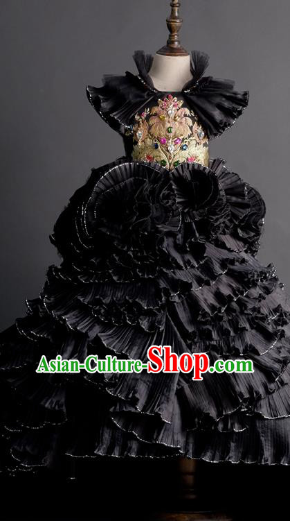 Custom Children Piano Recital Garment Girl Black Trailing Full Dress Baroque Princess Formal Clothing Kid Compere Dress