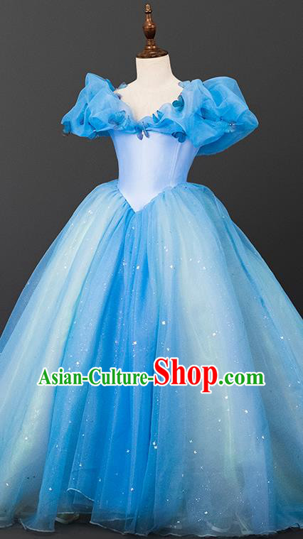 Custom Kid Stage Performance Dress Children Catwalks Garment Girl Blue Full Dress Halloween Princess Clothing