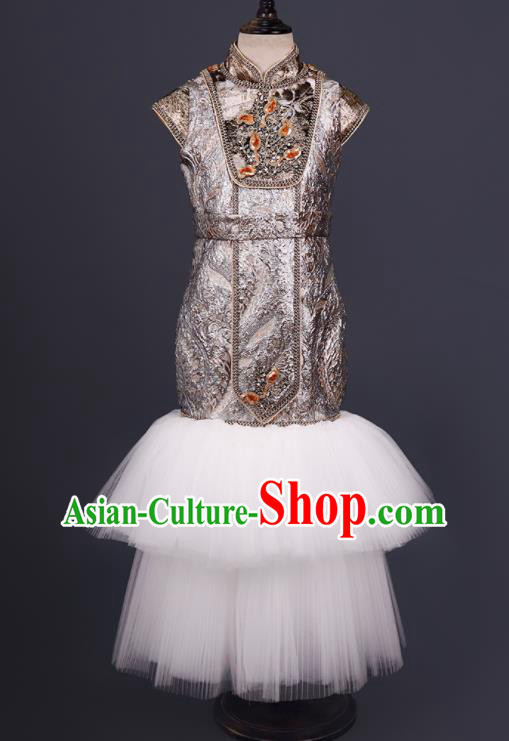 China Children Chorus Clothing Tang Suits Golden Dress Girl Stage Show Apparels Catwalks Fashion Costume