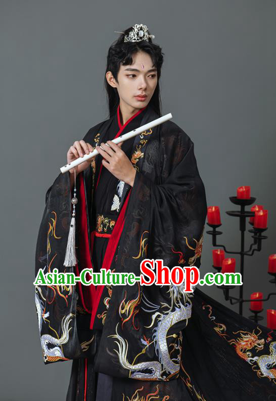 China Ancient Swordsman Black Hanfu Clothing Traditional Jin Dynasty Childe Historical Garment Costumes and Headpieces