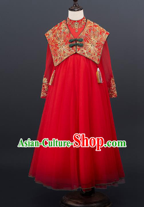 China Girl Classical Dance Garment Costume Children Tang Suits Catwalks Red Dress Stage Performance Clothing