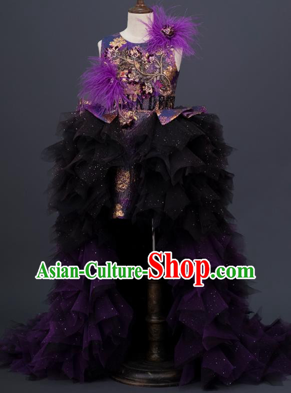 Professional Modern Dance Clothing Girl Compere Garment Children Catwalks Fashion Costume Stage Show Purple Trailing Full Dress