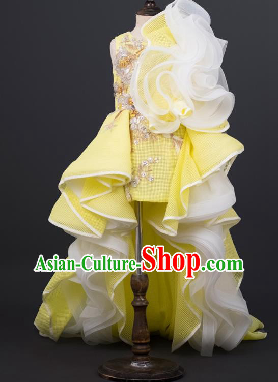 Professional Stage Show Yellow Full Dress Modern Dance Clothing Girl Compere Garment Children Catwalks Fashion Costume
