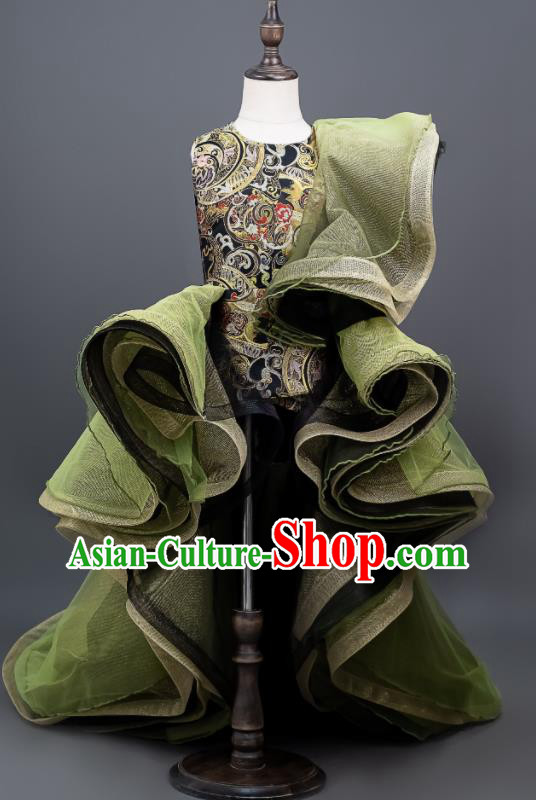 Professional Children Catwalks Fashion Costume Stage Show Green Full Dress Modern Dance Clothing Girl Compere Garment