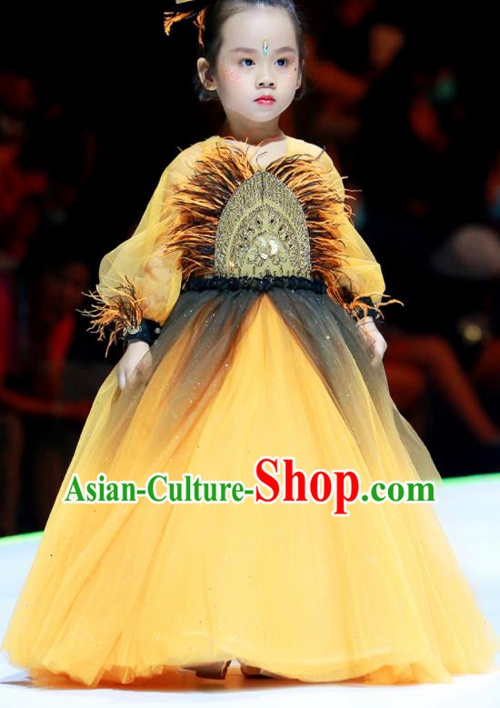 Professional Girl Princess Garment Children Catwalks Fashion Costume Stage Show Yellow Veil Full Dress Modern Dance Clothing