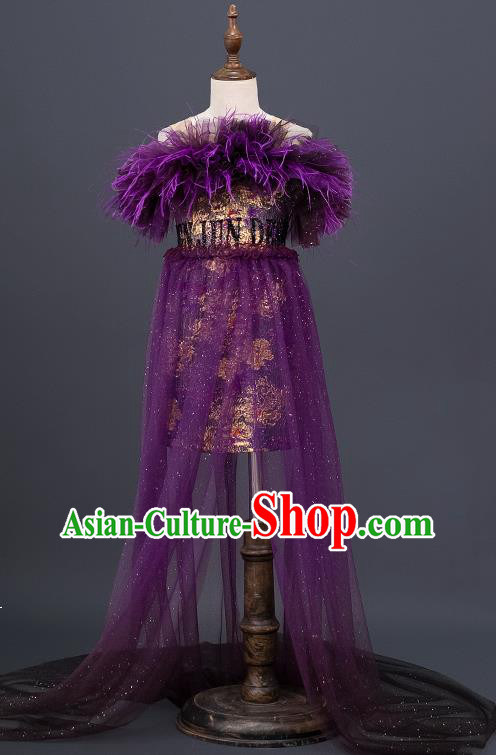 Professional Children Catwalks Fashion Costume Stage Show Purple Dress Girl Modern Dance Clothing Little Model Garment