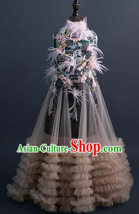 Professional Stage Show Grey Full Dress Girl Modern Dance Clothing Little Model Garment Children Catwalks Fashion Costume