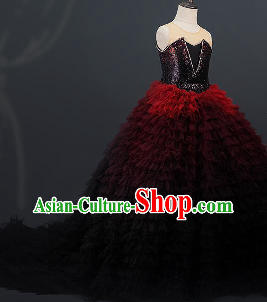 Professional Children Catwalks Fashion Costume Stage Show Red Trailing Full Dress Girl Modern Dance Clothing Baroque Princess Garment
