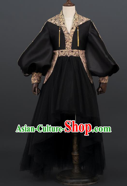 Professional Stage Show Black Full Dress Girl Dance Clothing Baroque Princess Garment Children Catwalks Fashion Costume