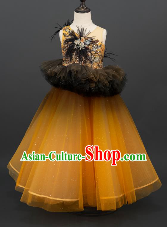 Professional Children Catwalks Orange Veil Full Dress Stage Show Fashion Costume Girl Dance Clothing Princess Garment