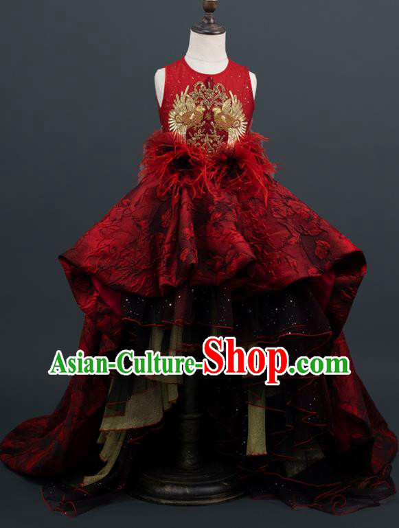 Professional Girl Dance Fashion Costume Stage Show Clothing Baroque Princess Garment Children Catwalks Red Lace Trailing Full Dress