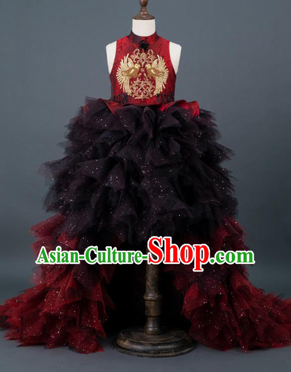 Professional Children Catwalks Red Veil Trailing Full Dress Girl Dance Garment Costume Stage Show Clothing Baroque Princess Fashion