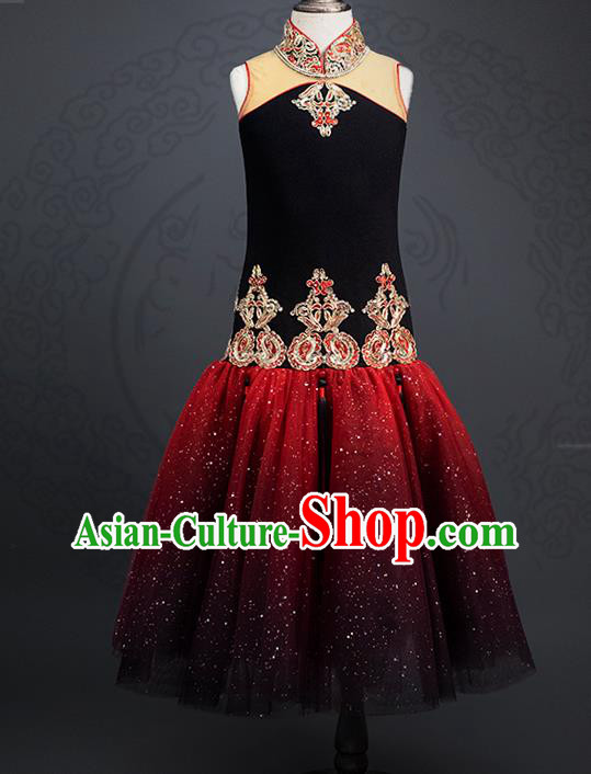 China Girl Red Veil Fishtail Dress Stage Performance Clothing Classical Dance Garment Costume Children Catwalks Fashion