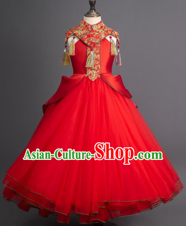 China Children Catwalks Fashion Girl Red Veil Full Dress Stage Performance Clothing Classical Dance Garment Costume