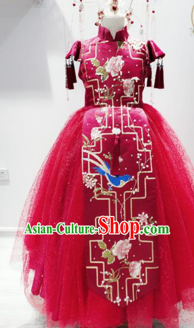 China Classical Dance Garment Costume Children Catwalks Fashion Girl Red Veil Full Dress Stage Performance Clothing