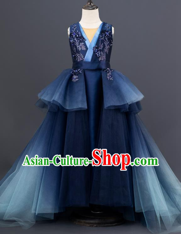 Professional Stage Show Navy Trailing Full Dress Modern Dance Clothing Girl Compere Garment Children Catwalks Fashion Costume