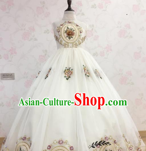 Professional Children Catwalks White Full Dress Piano Recital Garment Costume Girl Stage Show Clothing Princess Fashion