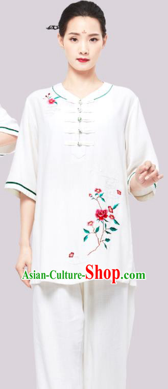Chinese Martial Arts Embroidered Rose Clothing Tai Chi Clothing Kung Fu White Flax Uniforms Wushu Competition Garment Costumes