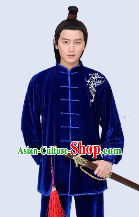 Chinese Tai Chi Training Royalblue Pleuche Uniforms Kung Fu Competition Clothing Martial Arts Garment Costumes for Women for Men